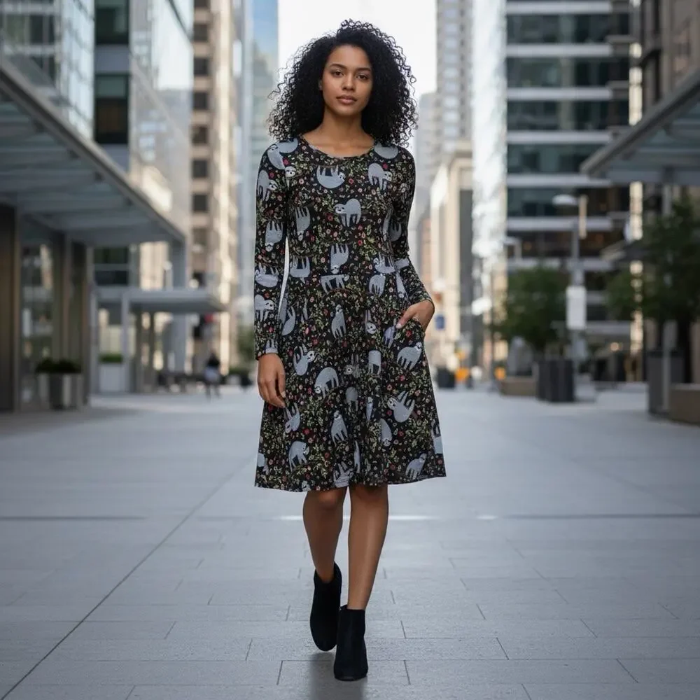 L.A Soul Sloth Dress Women's M Black Long Sleeve Fit & Flare Novelty Print